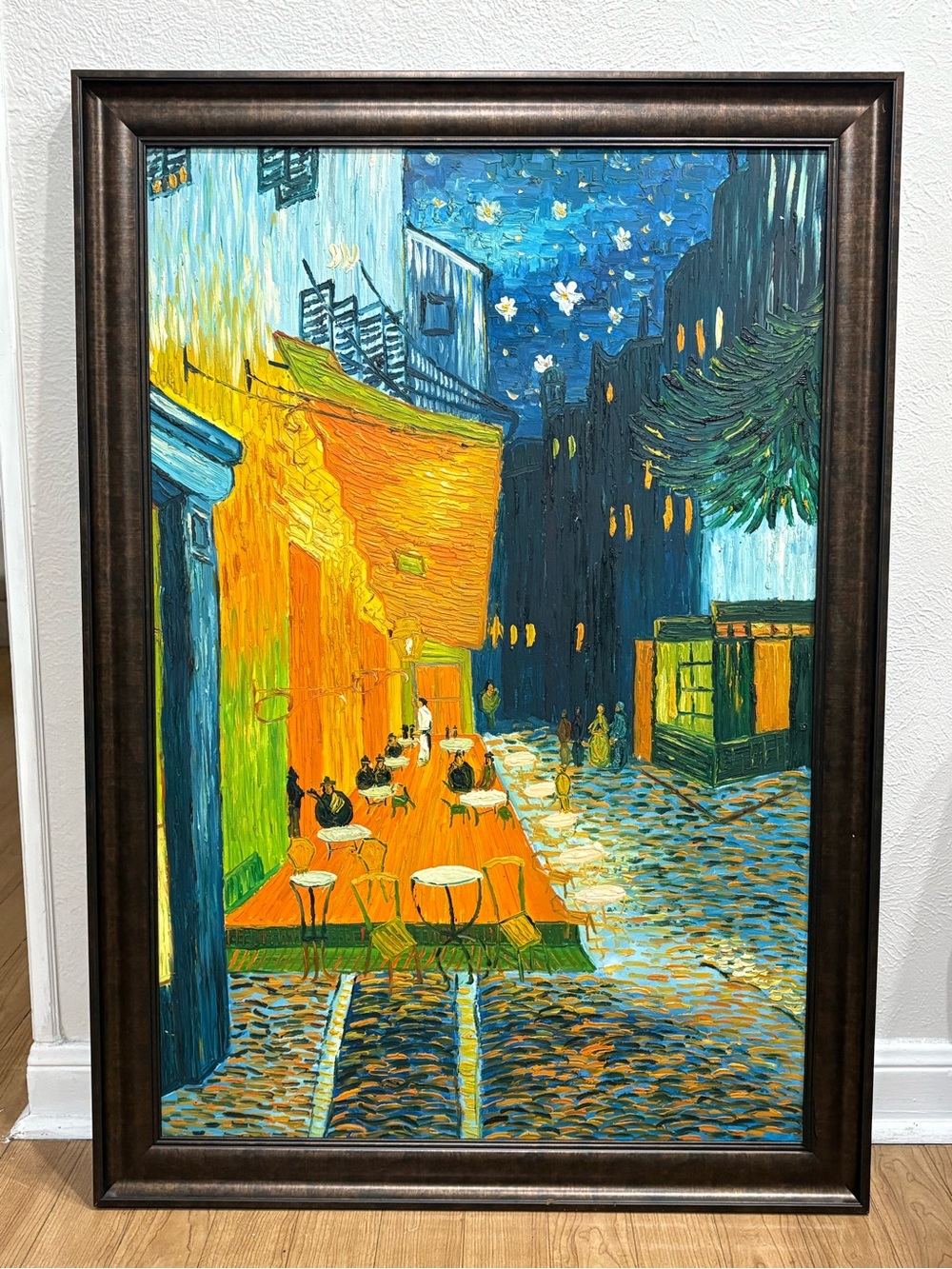 Framed Night Café Street Scene Wall Art - Blue and Orange